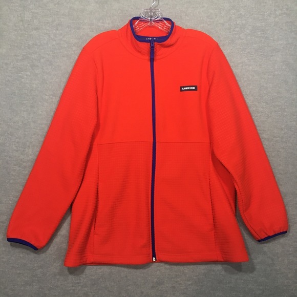 Lands' End Jackets & Blazers - Lands End Womens XL Grid Fleece Full Zip‎ Up Jacket Orange Blue Colorful EUC